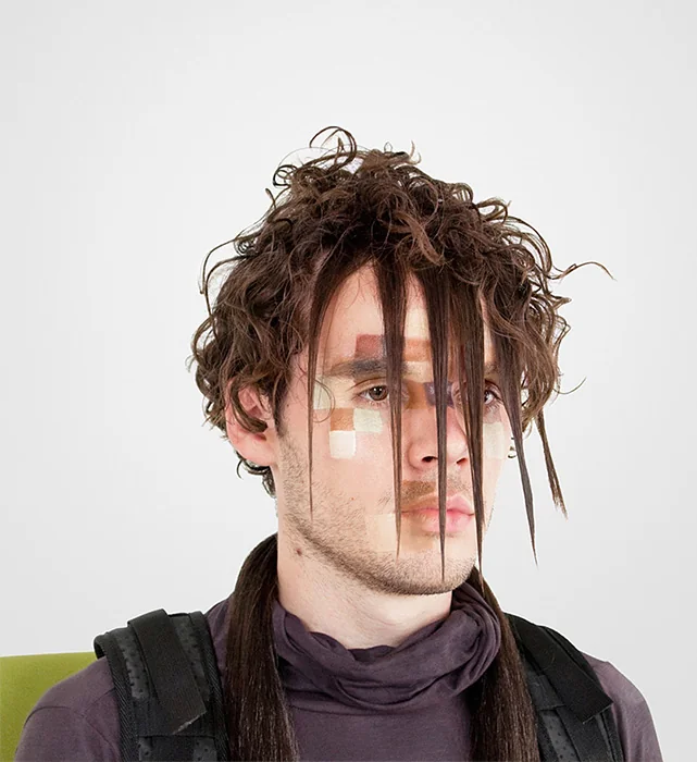 CV Dazzle Look 3. For DIS Magazine. Creative direction by Lauren Boyle and Marco Roso. Model: Jude. 2010. Hair by Pia Vivas(https://hairfriend.tumblr.com). Photo: © Adam Harve