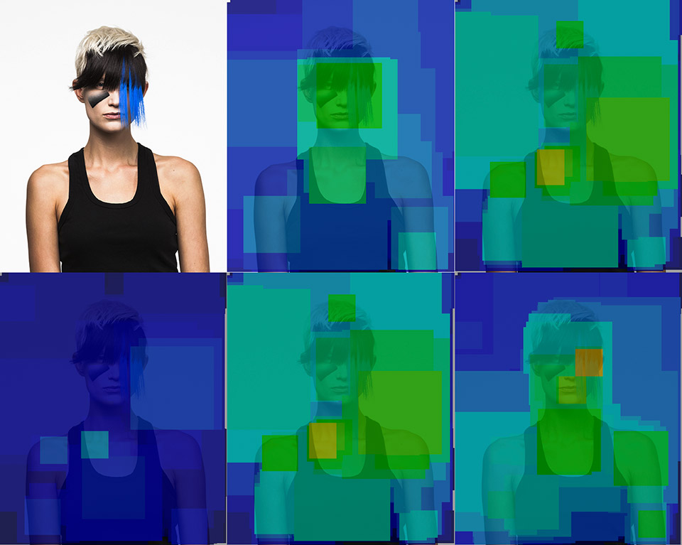 Saliency map for Look 5. Model: Bre. Saliency evaluation from New York Times Op-Art photoshoot. © Adam Harvey 2014.