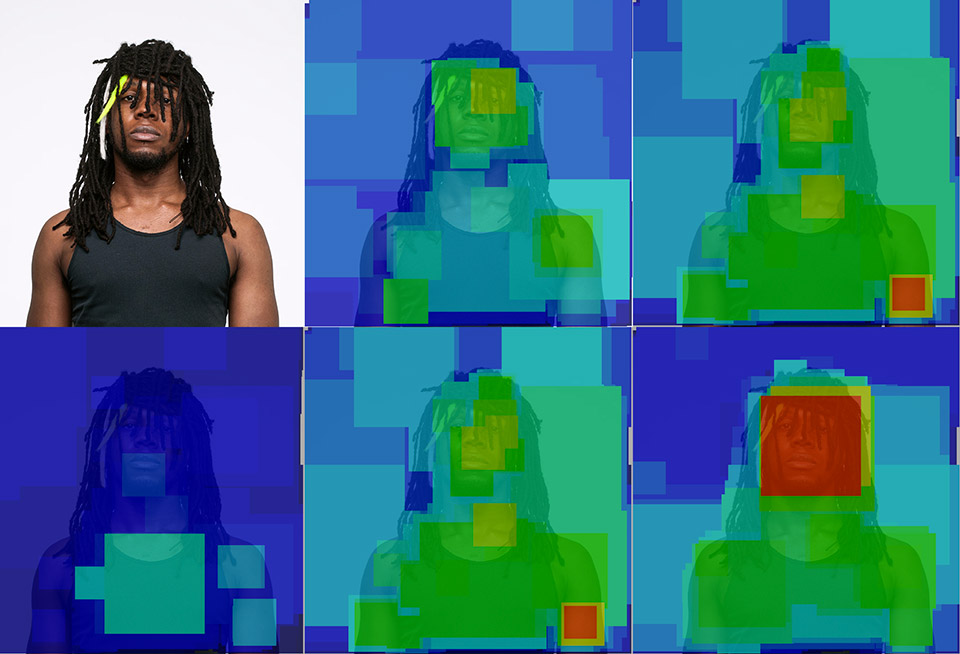 Saliency map for CV Dazzle Look 6. Model: Jason. Saliency evaluation from New York Times Op-Art photoshoot. © Adam Harvey 2014.