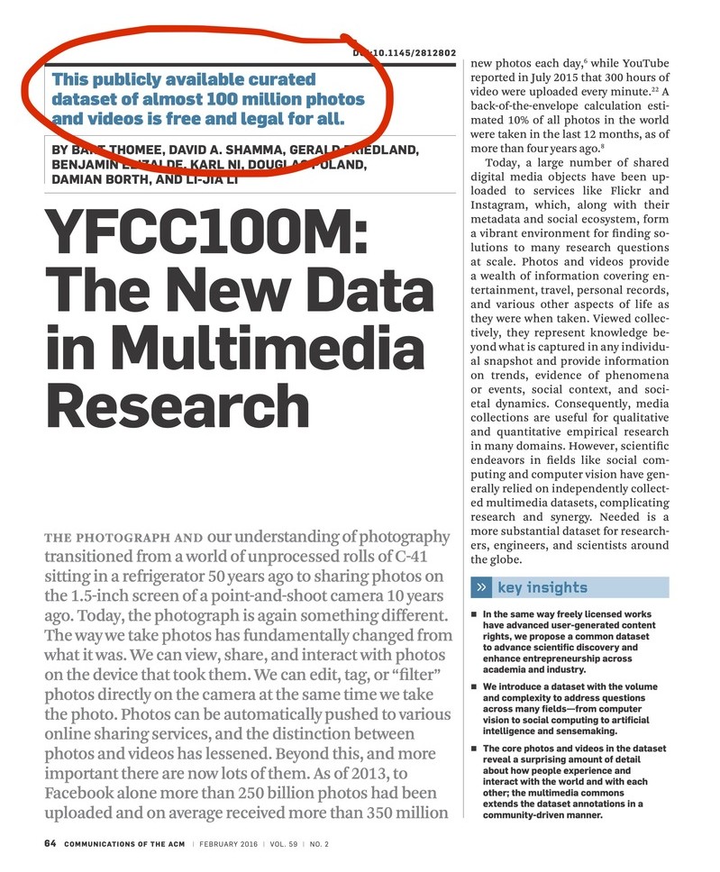 A misleading headline in an ACM journal described the YFCC100M dataset as a dataset of approximately 100 million photos that &ldquo;free and legal for all.&rdquo;