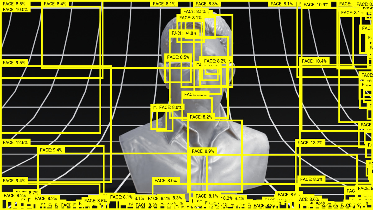 Figure 2: Face detection with 0% thresholding using a Single Shot Detector (SSD) face detection neural network. There is no true &ldquo;face&rdquo; in face detection, only probabilities and thresholds. Created using VFRAME computer vision toolkit. Image: © Adam Harvey 2021