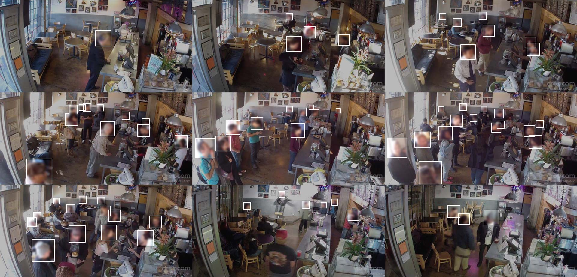 Still images from the Brainwash dataset created from a livecam feed from a cafe in San Francisco that was in multiple research projects for developing head detection algorithms.