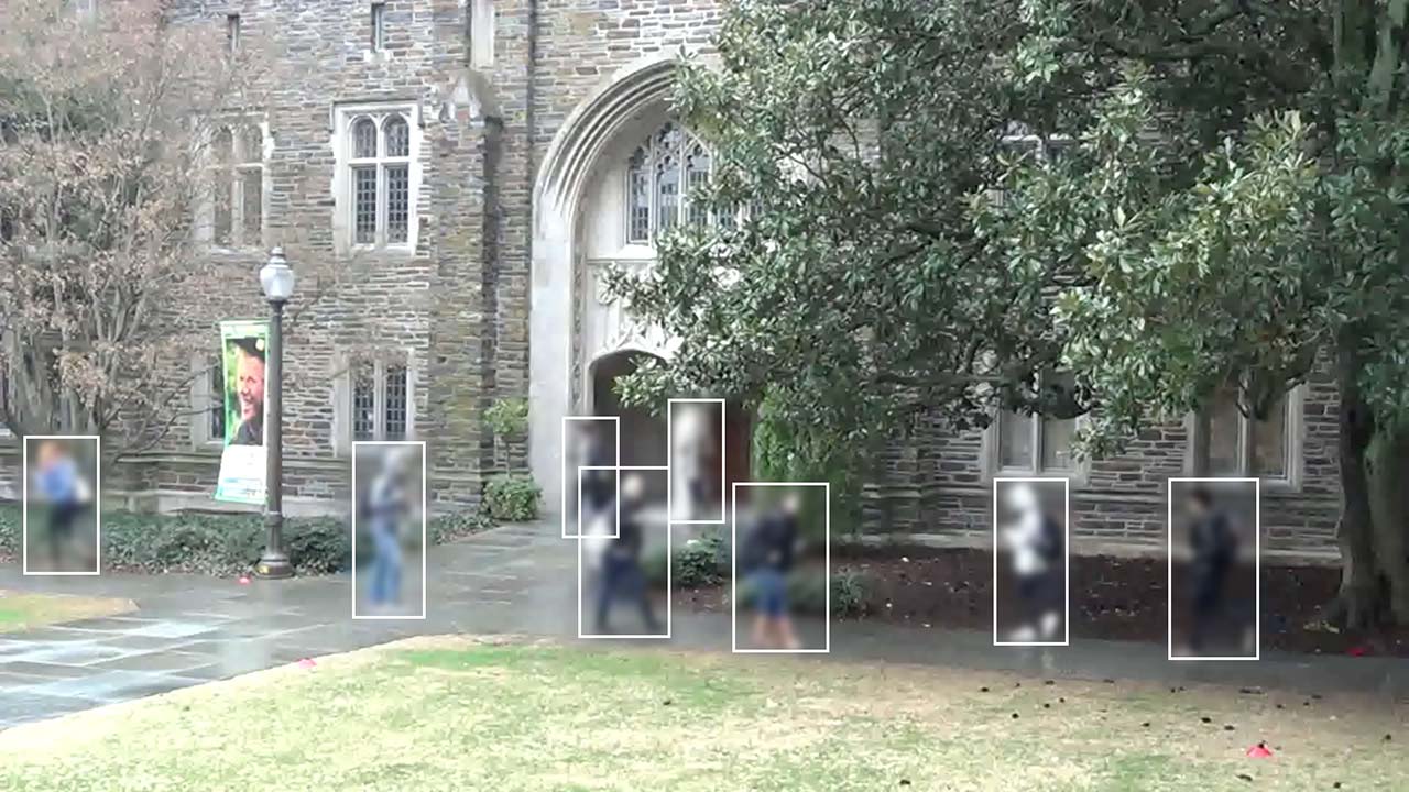 A video still frame from the original Duke MTMC dataset recorded at Duke University without consent from the students.