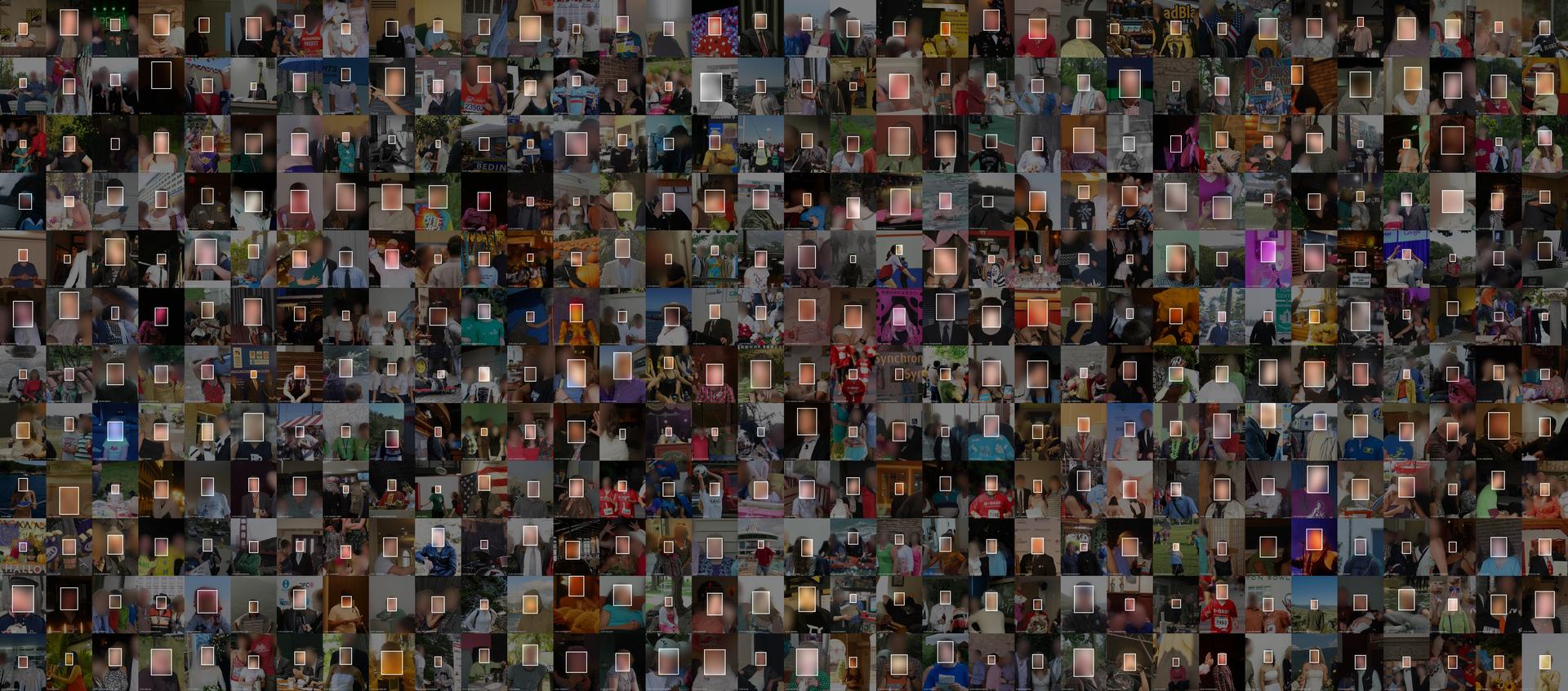 408 of about 4,753,520 face images from the MegaFace face recognition training and benchmarking dataset. Faces are blurred to protect privacy. Visualization by Adam Harvey / Exposing.ai licensed under CC-BY-NC with original images licensed and attributed under Creative Commons CC-BY.
