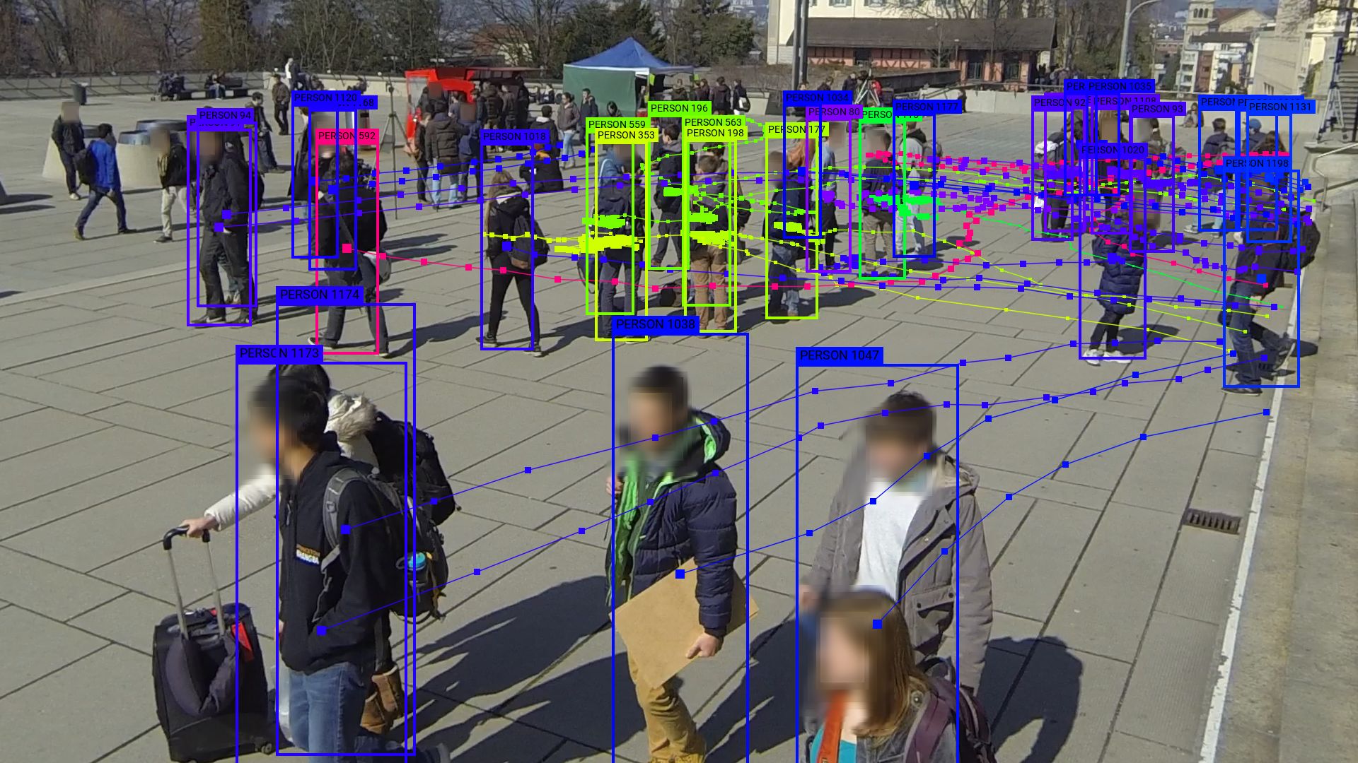A still image from Wildtrack dataset collected at EHZ Zurich, where researchers recorded students and publicly distributed their videos for surveillance research. The image is annotated to track students across multiple video frames.