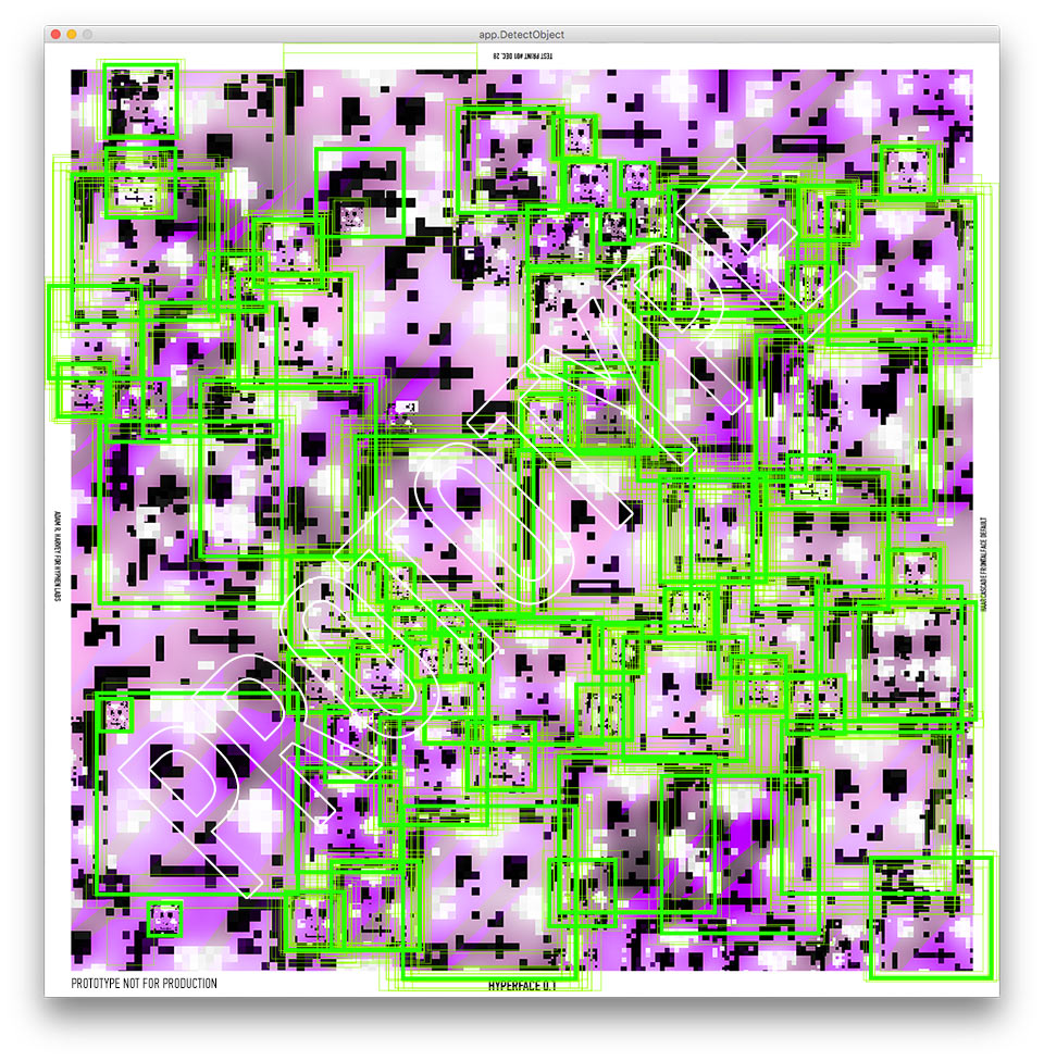 Haarcascade face detection output on HyperFace pattern. Many “faces” are detected but none exist. © Adam Harvey 2017