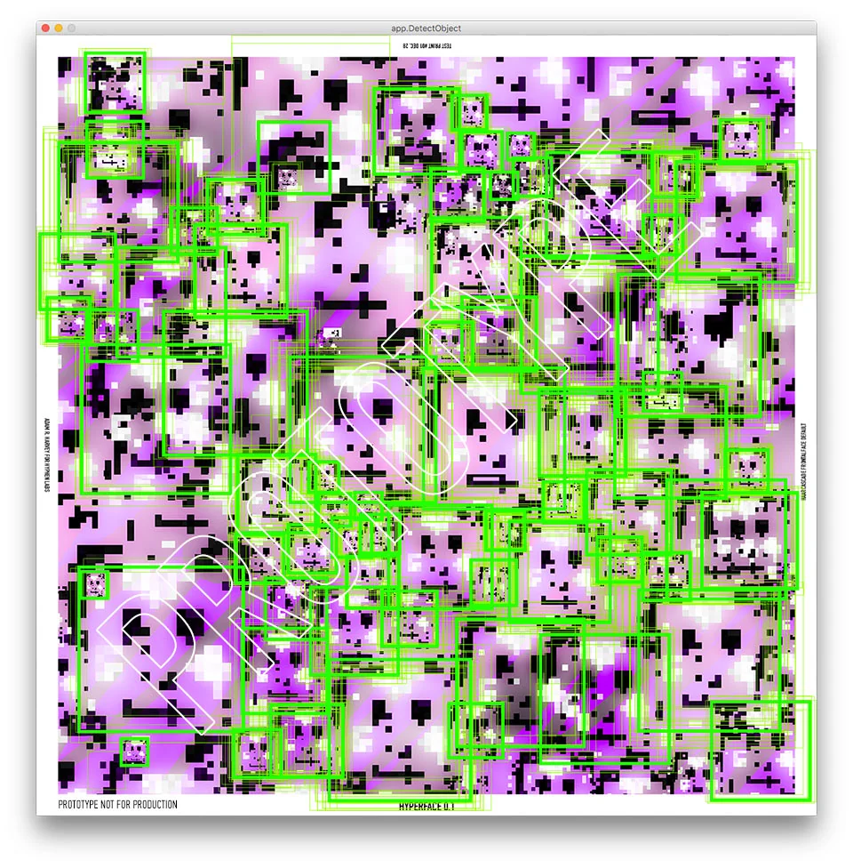 Haarcascade face detection output on HyperFace pattern. Many "faces" are detected but none exist. © Adam Harvey 2017