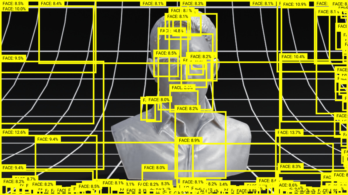 Figure 2: Face detection with 0% thresholding using a Single Shot Detector (SSD) face detection neural network. There is no true “face” in face detection, only probabilities and thresholds. Created using VFRAME computer vision toolkit. Image: © Adam Harvey 2021