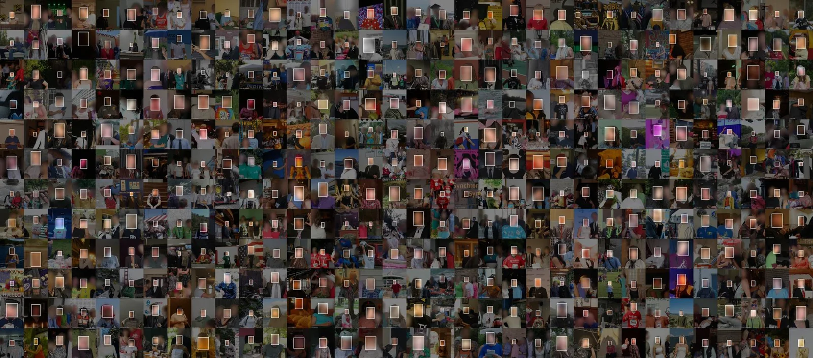 408 of about 4,753,520 face images from the MegaFace face recognition training and benchmarking dataset. Faces are blurred to protect privacy. Visualization by Adam Harvey / Exposi